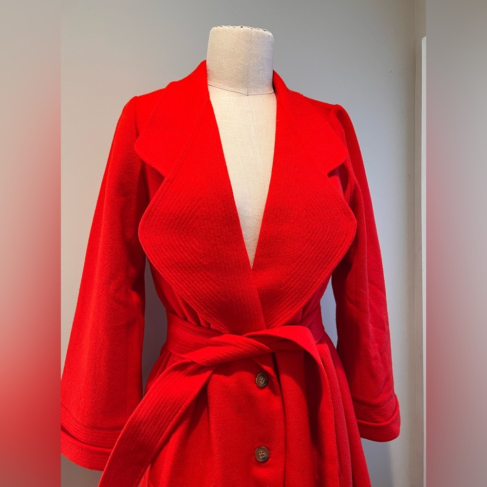 THE GREAT. Trapunto long wool hot red trench coat tie waist sz 0 XS S - Picture 6 of 13